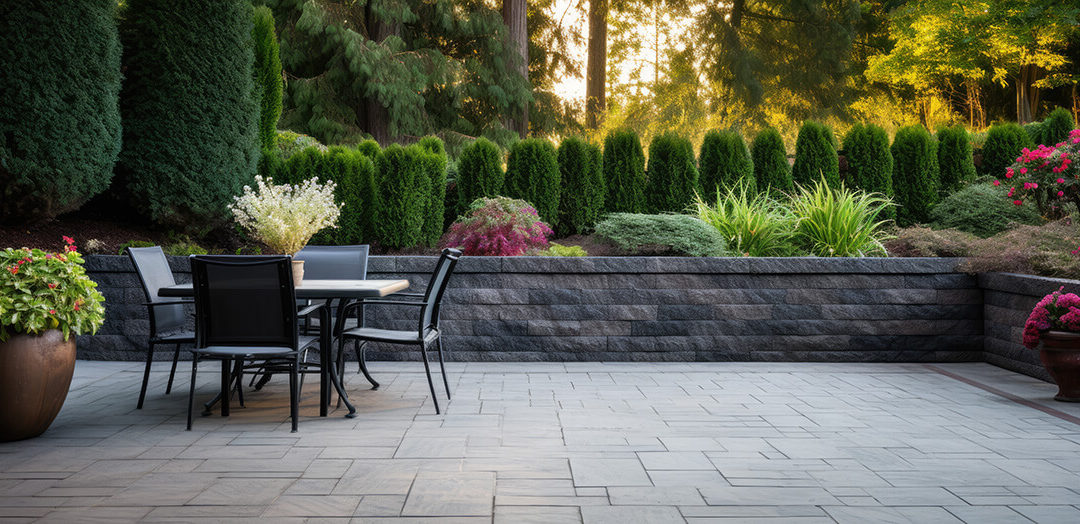 Landscaped patio with retaining wall