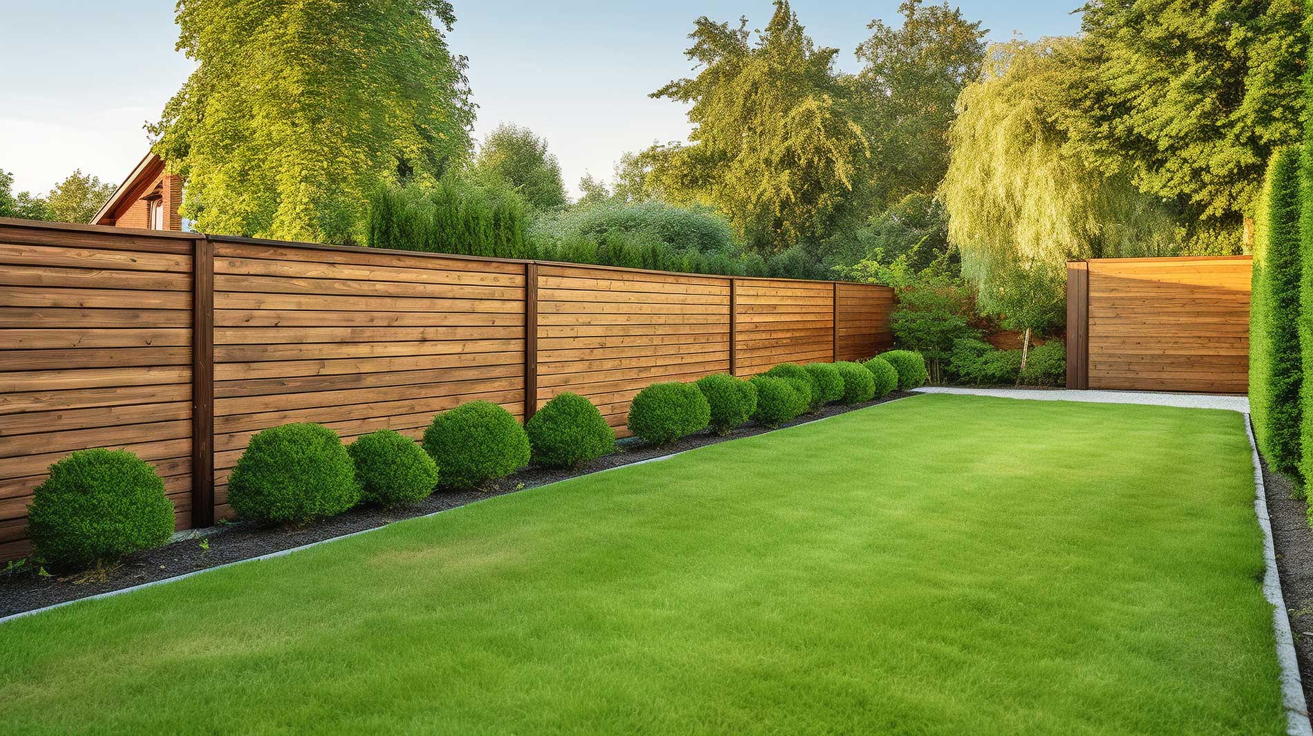 green lawn with bushes in the background