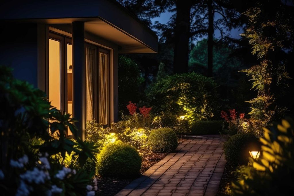 outdoor greenery with lights marking the trail to the house