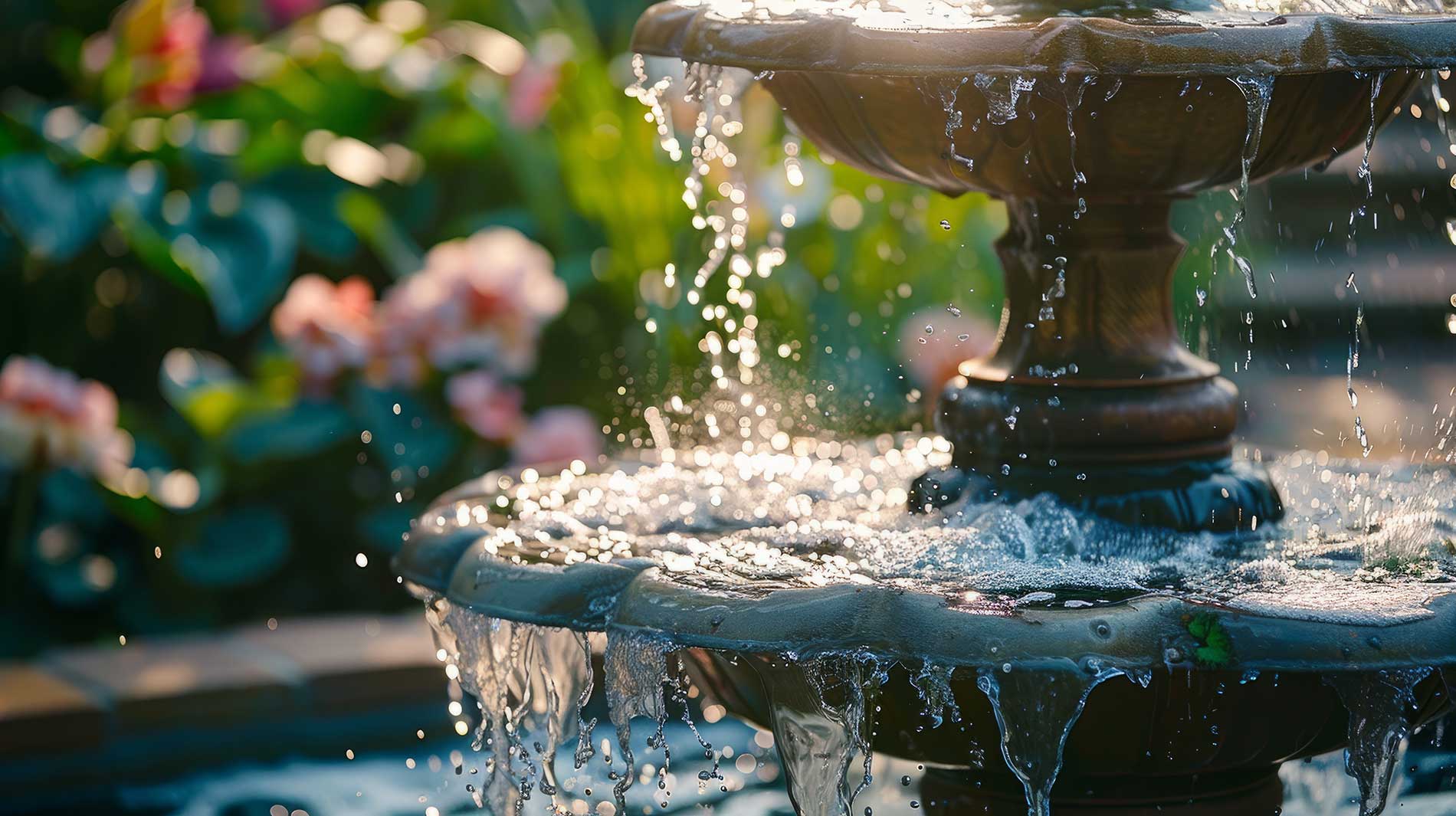water fountain outside surrounded by greens